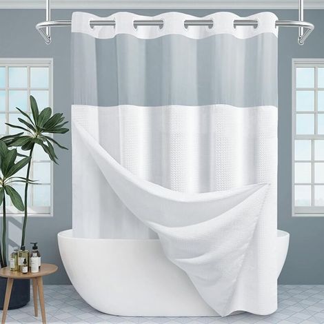 Vorgeknoteter, weißer Duschvorhang aus Waffelgewebe mit transparentem Fenster und Clip-on-Futter (180,3 x 190 cm (B x L))