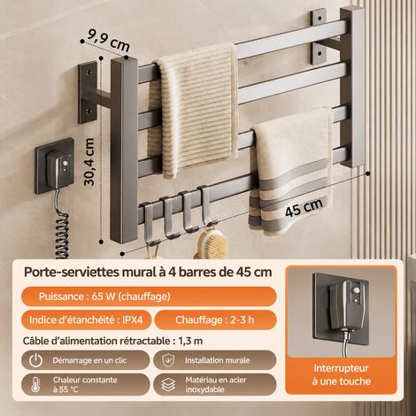 Sèche-Serviettes Électrique Gris étoilé bouton - 4 barres Câble à gauche 45 cm Mural Salle de Bain 1 kg – Livraison gratuite (1/5)