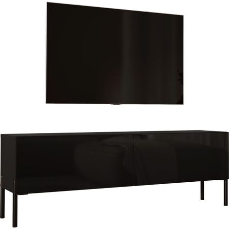 Meuble TV sur pieds 140 cm, 2 portes, Noir Mat, pieds noir, 140 x 32 x 52 cm (1/5)