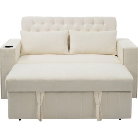 Divano letto multifunzione beige in ciniglia con contenitore, porte USB, portabicchieri e 2 cuscini (1/5)
