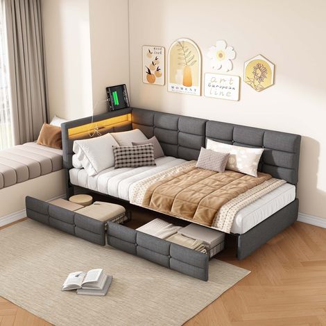 lit 90x200 cm, lit simple 90x200 avec tiroirs, canapé-lit, LED réglable, Chargement USB, cadre de lit, Sommier à Lattes, Gris, lin