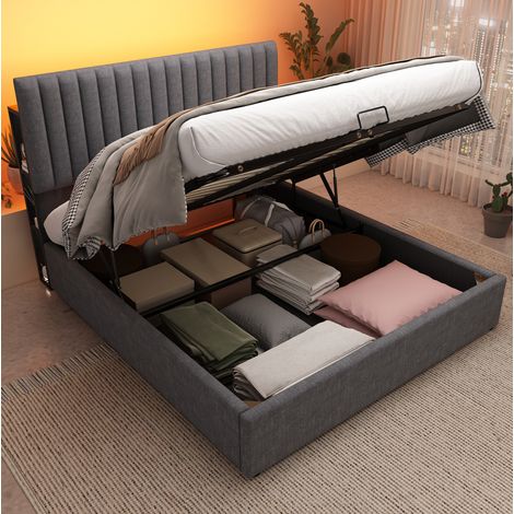 Bett Doppelbett Stauraum 140x200 LED USB Grau OKMYHOME (1/5)