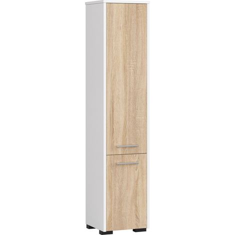 Colonne de salle de bain blanche 30 cm – 2 portes façade chêne sonoma – 5 étagères – Hauteur 140 cm – Panneau stratifié – Abamihome
