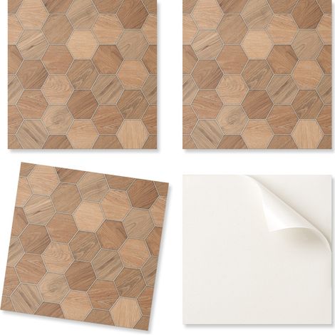 Baldosas de vinilo listas para instalar con estampado decorativo en patr贸n hexagonal de 9x30x30 cm.