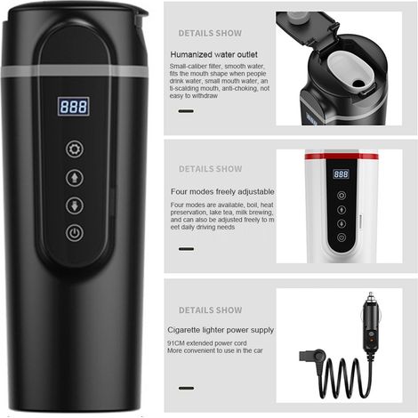 Bouilloire électrique de voyage 12V/24V pour voiture, mug chauffant avec couvercle anti-fuite, tasse portable à café, contrôle de température pour thé et lait. (1/5)