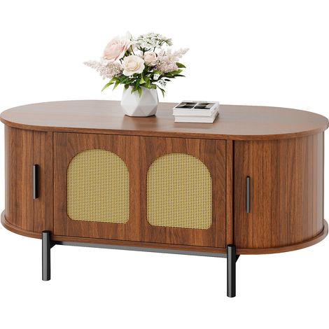 CHICFURN Mesa de centro ovalada 100x50x40 cm MDF nogal, puertas correderas y almacenaje (1/5)