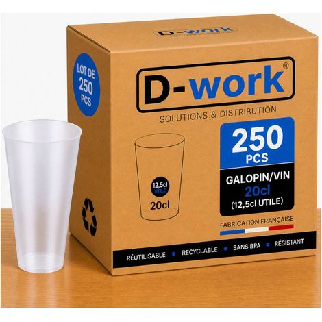 Lot de Verres Gobelets Réutilisables 20 cl (12,5 cl utile) en Polypropylène Sans BPA, Translucides, Résistants et Recyclables, Idéal Soirées, Bars, Événements et Professionnels - D-Work