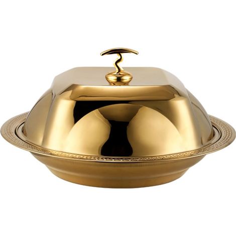 Serving Tray with Lid, Flat Dome-Shaped Dish, Mirror Polished Stainless Steel with Decorative Beaded Edge and Stable Base, High Lid, Gold, 48cm (1/5)