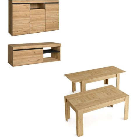 Skraut Home - Set Naturale salón Comedor, Mueble Auxiliar, buffet-mueble tv 120cm-mesa extensible roble negro nórdico (1/4)