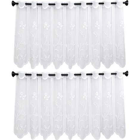 Lot de 2 Rideaux Courts 130x45 cm, Rideaux Cuisine Blanc à Motifs Papillons et Fleurs, Semi-Transparent avec Œillets, Décoration pour Salon, Chambre, Placard et Café (1/5)