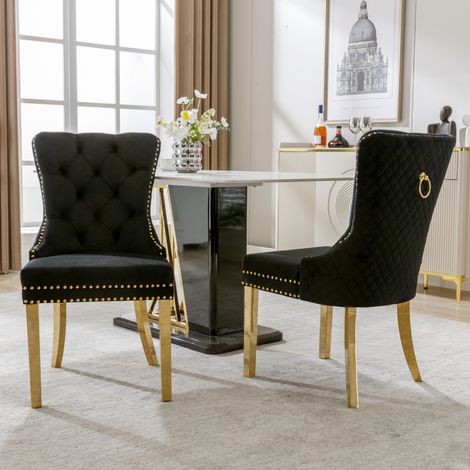 Chaises velours noir/or – Lot 2 – Anneaux ronds – Rembourrées – Cloutées – Pieds inox plaqué or – Salon/Cuisine (1/5)