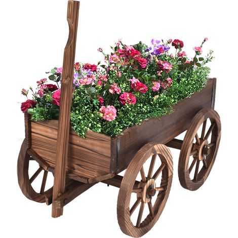 Chariot porte-plante en bois de sapin naturel avec 4 roues, style rustique et ancien pour jardin, terrasse et balcon (1/5)