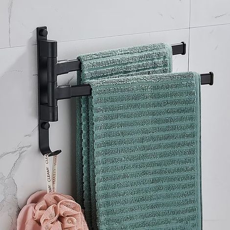 180° Swivel Wall-Mounted Towel Rail with 2 Arms, Adhesive Mounting without Drilling, Black, for Bathroom and Kitchen