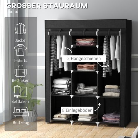 Armoire de rangement en tissu noir, 8 étagères et 2 tringles, dressing pliable (1/4)