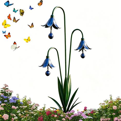 Piquet de jardin Triple Jacinthe des bois : Carillon éolien décoratif, design floral rustique fait main, alliage résistant aux intempéries, douce mélodie, 61 cm de haut, (bleu) (1/5)