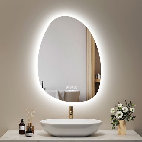 EMKE LED Badspiegel 75x55cm Dimmbar 3 Lichtfarben Anti-Beschlag Badezimmerspiegel Unregelmäßig Wandspiegel (1/5)