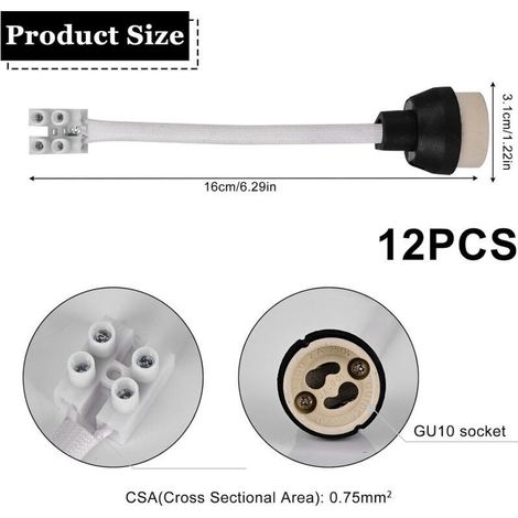 GU10-Keramikfassungen: Hochwertiges Silikonkabel (15 cm/10 mm), GU10-Fassung, GU10-Stecker für GU10-Lampen (0–250 V, 3 A), 12 Stück. (1/3)
