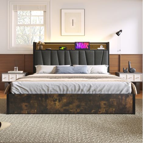 Letto con contenitore in lino grigio 180x200 cm con LED RGBW, prese USB e rete a doghe inclusa (1/5)
