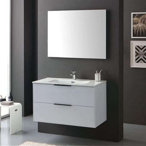Mobile Bianco Lucido Per Bagno 90Cm Maniglie Nere Specchio A Filo Parigi