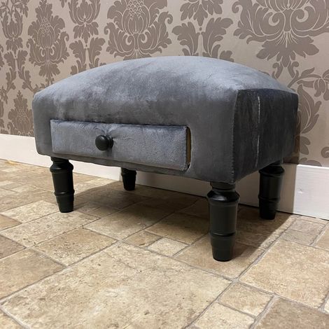 Footstool with Drawer - Velvet - L25 x W45 x H28 cm - Grey