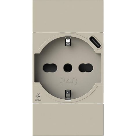 Prise Schuko type P40 avec bloc d'alimentation USB 3 A avec connecteur de type C compatible Bticino Living Now sable (1/5)