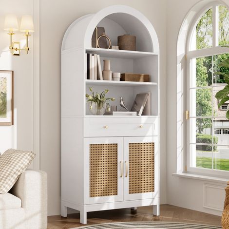 Vitrine 70x40x170 cm avec portes en rotin, comprenant 3 compartiments d'exposition, 2 portes et 1 tiroir. Couleur bois naturel, blanc (1/5)