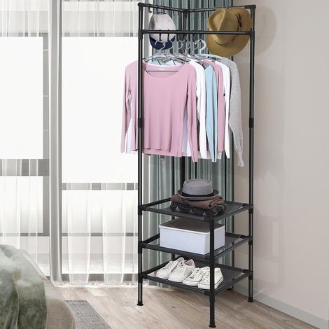 Porte-Manteaud'angle avec étagère de Rangement à 3 Niveaux Porte-Manteau sur Pied Hall Tree pour Entrée, Couloir, Bureau, Hôtel - Noir (1/5)