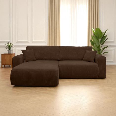 Canapé ALYA d'angle compacte réversible et convertible 4 places en velours côtelé - Marron (1/5)