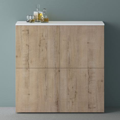 Mai & Mai Meuble de Rangement avec 4 Portes et 8 Compartiments Casier de Rangement Polyvalent Buffet Blanc Mat + Chêne Blanc Clair 100x36,4x98 cm SR04