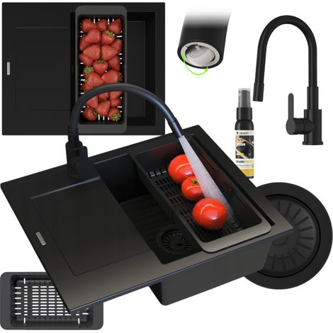 Évier cuisine en granit 1 bac avec égouttoir droit 57 x 47 cm noir, kit avec mitigeur Grado Plus, siphon gain de place, égouttoir télescopique et GraniProtect 30 ml, Bello (1/5)