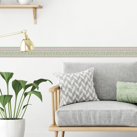 Frise adhésive déco murale, style géométrique, 5 cm X 300 cm, rose et verte. (1/5)