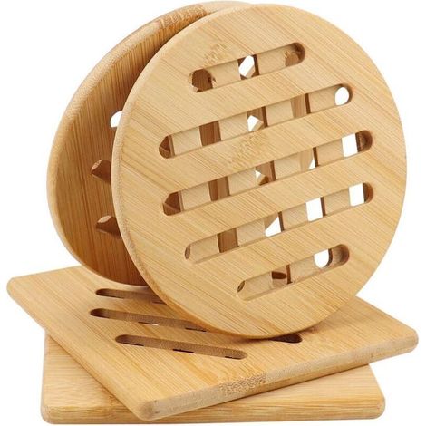 [JAMAIS UTILISÉ] Ensemble de quatre tapis en bois résistants à la chaleur pour plans de travail de cuisine - Résistants à la chaleur (carrés et ronds, 19x19 cm) - Tapis en bois antidérapants et résist (1/4)