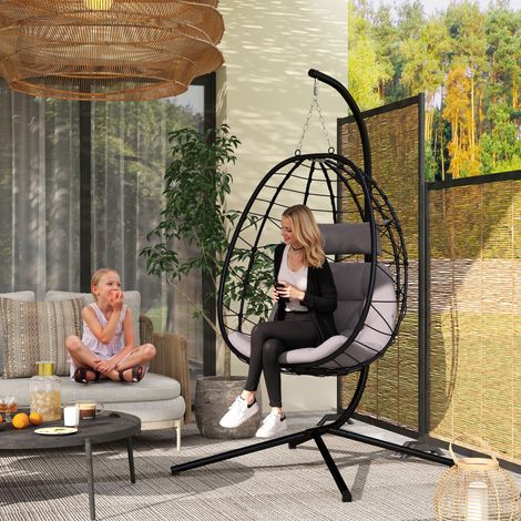 Silla Colgante Huevo con Soporte con Cesta Plegable Cojín y Reposacabezas para Interior y Exterior Carga 120 kg Gris (1/5)