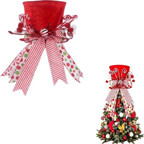 Beyamis Chapeau haut-de-forme de Noël pliable et compressible avec nœud rose, chapeau bonhomme en pain d'épice, décoration étoile pour sapin de Noël, chapeau étoile bleue pour sapin de Noël (1/5)