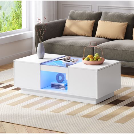 Table basse en panneaux de particules blanc 100 cm avec verre, LED contrôlées par application, 2 tiroirs (1/5)