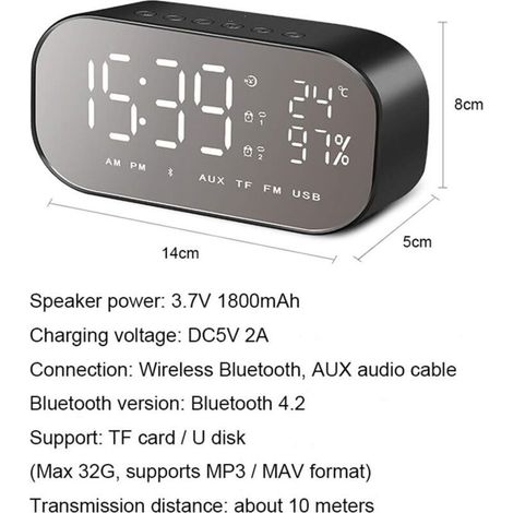 Radio réveil FM sans Fil avec Miroir à Chiffres, Bluetooth sans Fil LED, Double Lecteur de Musique en métal, réveil, Miroir de Chevet, réveil Multifonction (1/5)