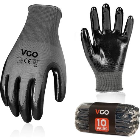 10 Pairs Gardening Gloves, Safety Work Gloves, Non-slip Nitrile Coating, Diving Gloves (NT2110, Grey/Black, XL/10, 10 Pairs) (1/5)