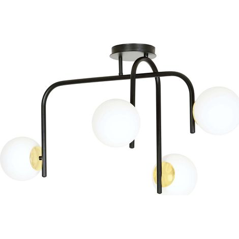 Lampadario 4 Luci Kalf In Acciaio Nero A Bracci E Sfere In Vetro Opalino E Oro (1/5)