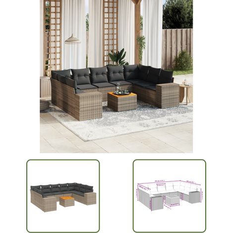 The Living Store Salon de jardin avec coussins 10 pcs gris résine tressée - Ensemble Salon De Jardin - Meuble Extérieur - Jardin Design - Mobilier De Jardin - Chaise Lounge (1/3)