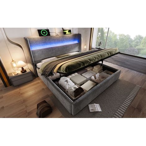 Lit double 160x200 cm hydraulique avec tête de lit, LED, rangements, ports USB-c en lin gris, sans matelas (1/5)