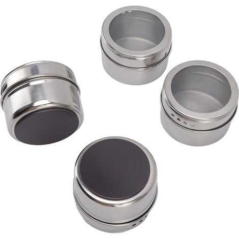 Set aus 4 magnetischen Gewürzgläsern aus transparentem Edelstahl mit Ausgießdeckeln und Sieb zum Würzen Ihrer Gewürze. (1/5)