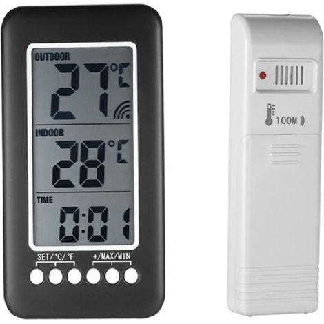 Termómetro Interior Exterior Inalámbrico -30 °C a 70 °C - Alcance Transmisor 100 m - Pantalla LCD - Soporte Mesa o Pared - 1 Unidad (1/5)