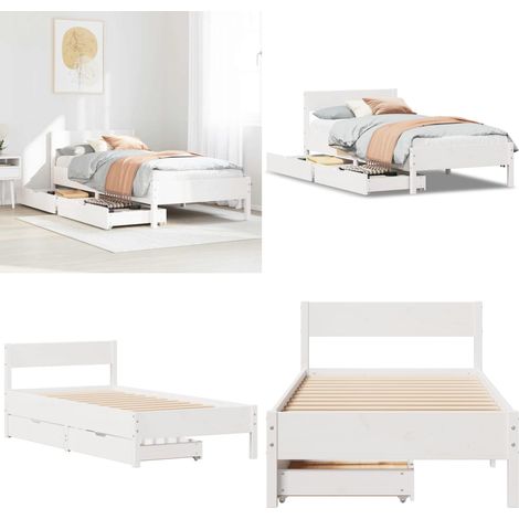 Letto senza Materasso Bianco 75x190 in Legno Massello di Pino - Letto in legno massello - Letto con cassetto