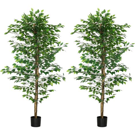 HOMCOM pack de 2 ficus artificiales 180 cm plantas artificiales con maceta y 1260 hojas árboles artificiales decoración para interior verde (1/3)