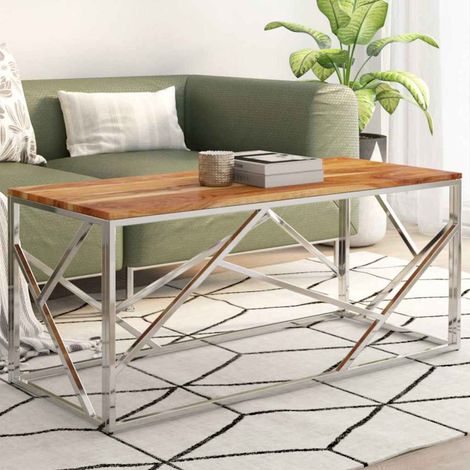 vidaXL Table basse argenté acier inoxydable et bois massif d'acacia (1/5)