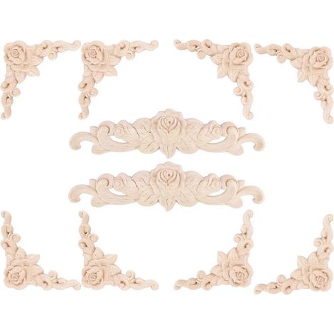 10 pièces de décoration murale en bois sculpté à motif floral, applique d'angle décorative pour meubles, portes et placards. (1/5)