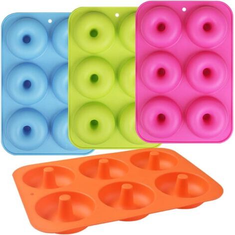 Juego de 4 moldes de silicona antiadherentes para donuts y bagels con 6 cavidades, azul + verde + rosa + naranja (1/5)