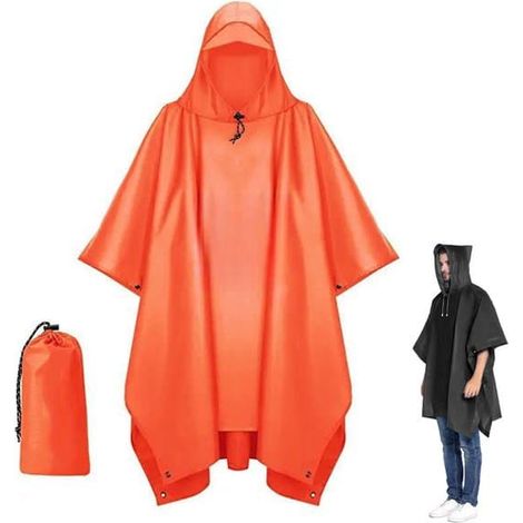 Poncho avec sac de rangement, imperméable et coupe-vent, avec capuche, séchage rapide, taille unique unisexe, idéal pour la randonnée et le camping - Orange (1/5)