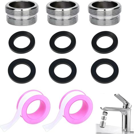 Lot de 3 adaptateurs de robinet M24 femelle vers M22 male avec 6 joints et 2 rubans d’etancheite, raccords filetés en metal pour mitigeur, cuisine, salle de bain, filtre et tuyau, montage sans out (1/5)