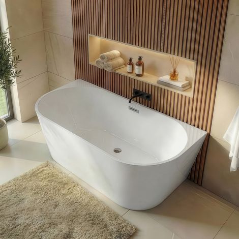 Badplaats – Baignoire autoportante Isia – Acrylique blanche brillante – 170 x 75 x 60 cm – Écoulement centralisé – Trop-plein intégré